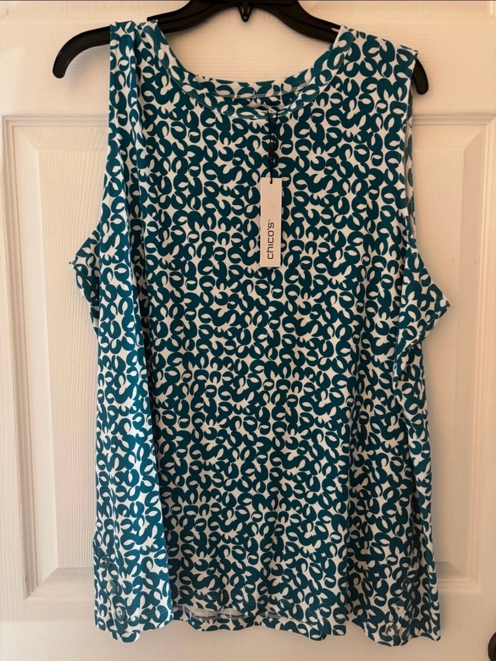Chico's Geo Print Button Detail Teal Tank, XXL